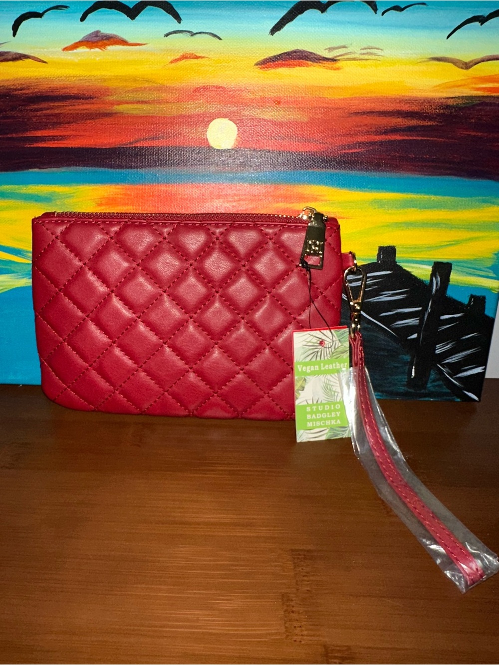 NWT Badgley Mischka Quilted Red Wristlet Bag with Gold Logo - Picture 2 of 8